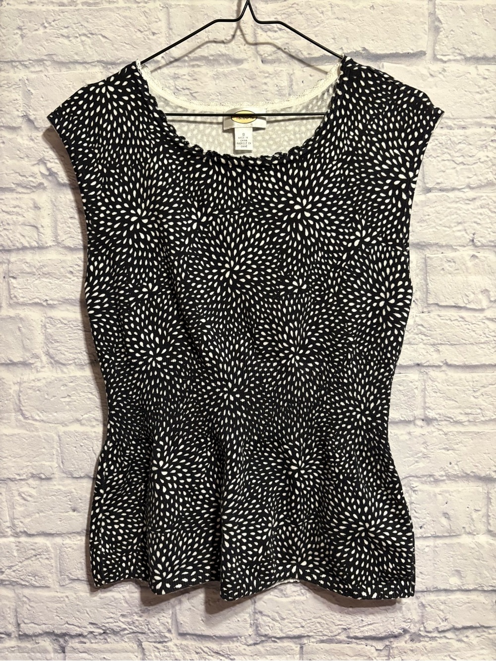 Talbots Black and White Floral Dot Peplum  Knot Top Small